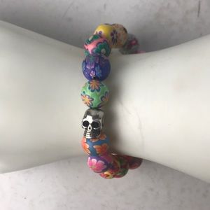 Easter egg marble bead sterling silver skull stretch bracelet